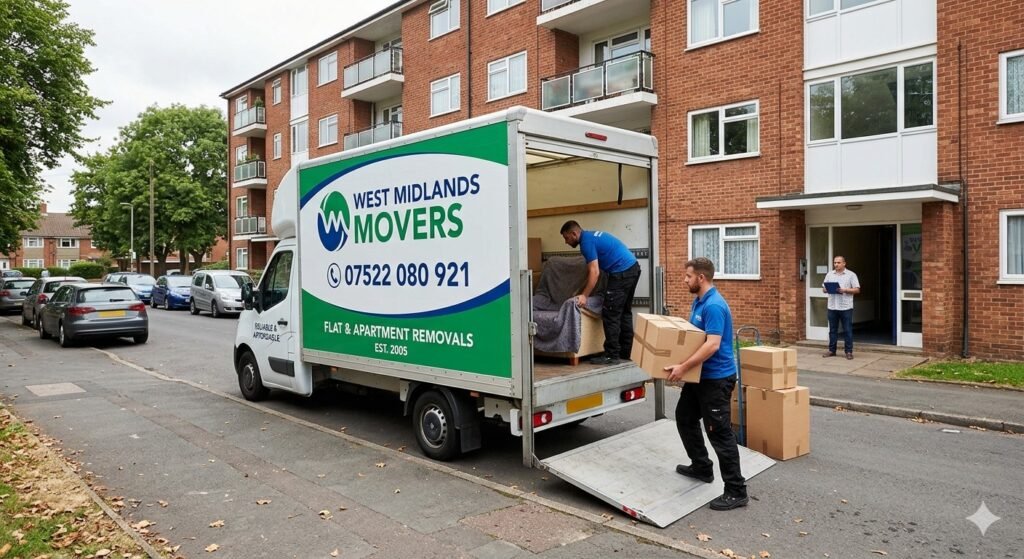 Movers carrying sofa from apartment during flat removal service
