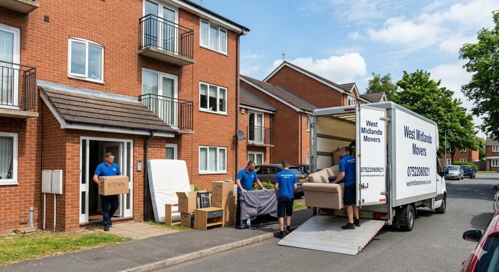 Removal workers safely moving boxes from flat to truck