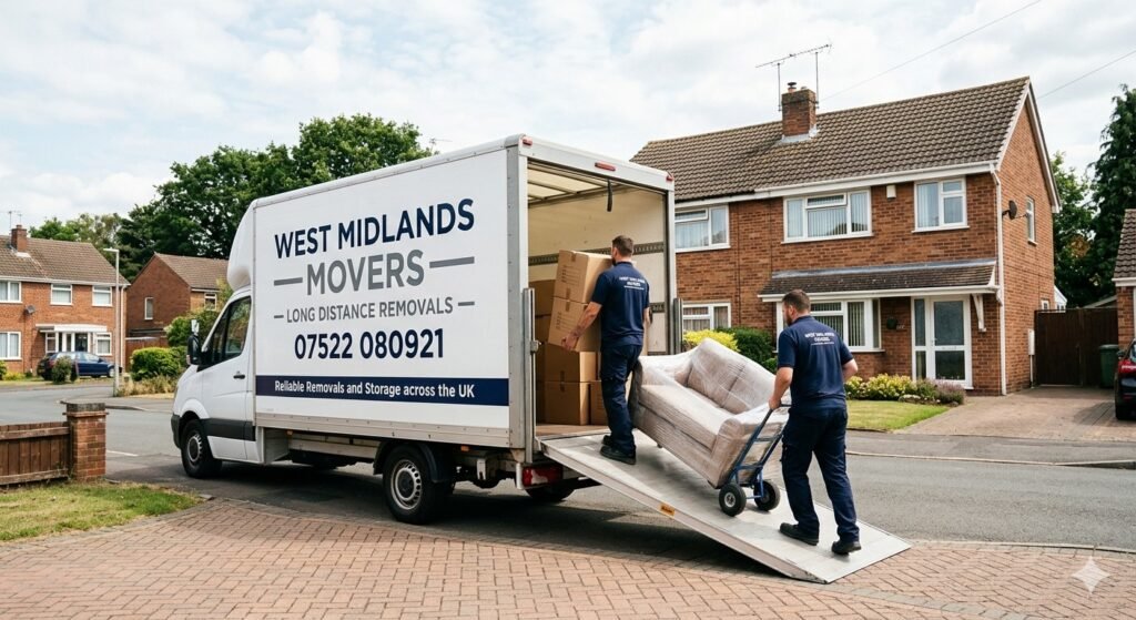 Long distance removals team transporting boxes and furniture securely