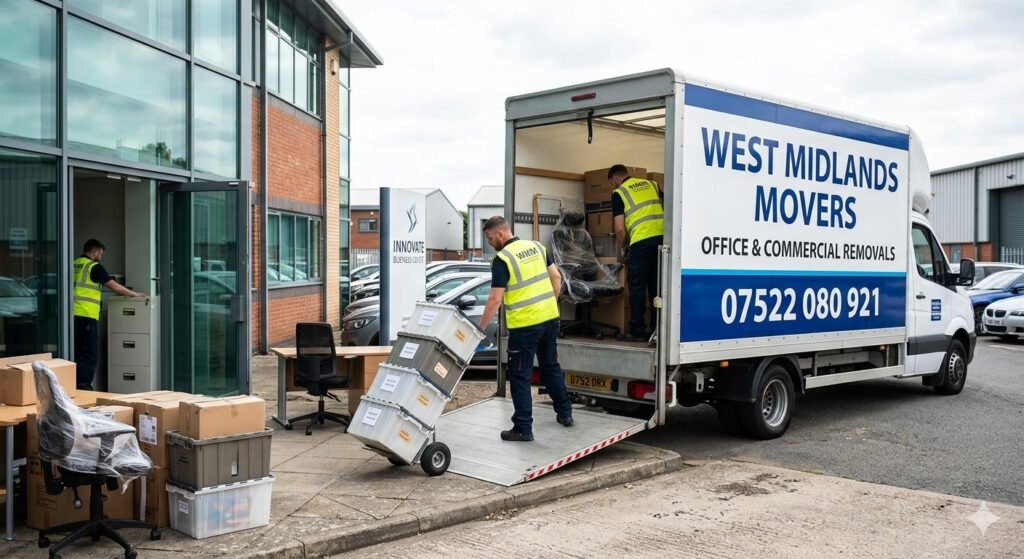 Office removals team safely transporting office furniture and equipment