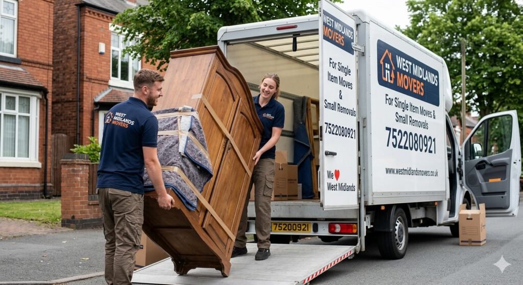 Experienced single item movers handling a heavy item with care