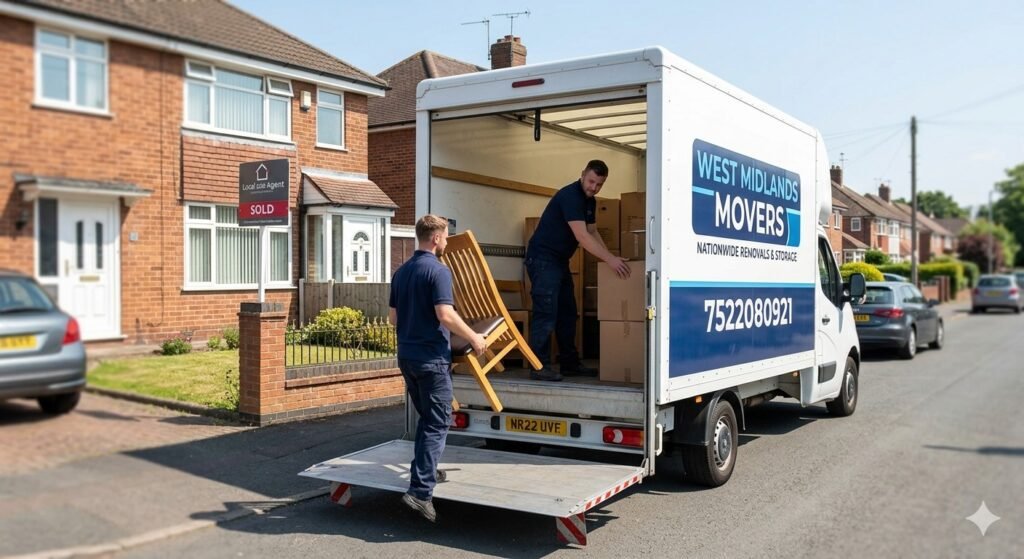 Experienced movers carrying furniture during a nationwide removal service
