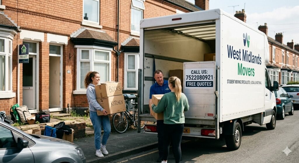 Student movers carrying boxes into university accommodation