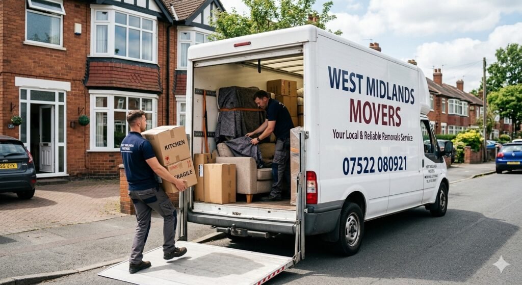 Local moving truck navigating city streets for house removals