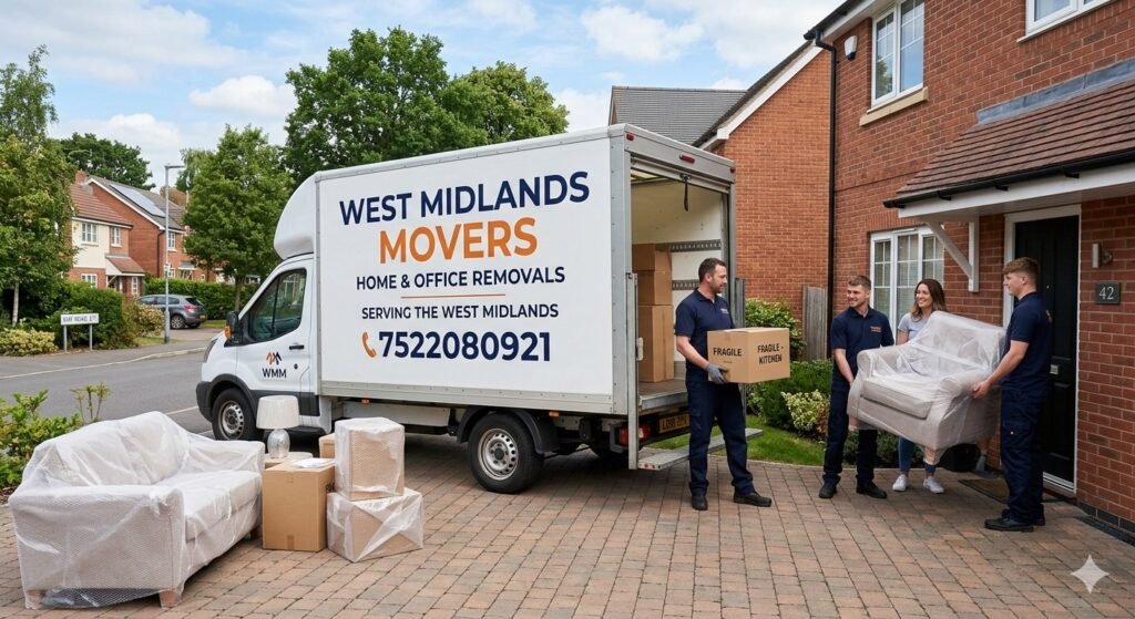 Expert movers carrying furniture during a Birmingham house move