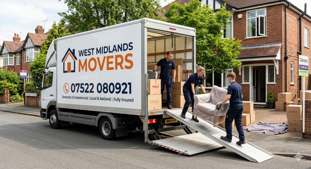 Removal van parked outside a property during a move in Dudley